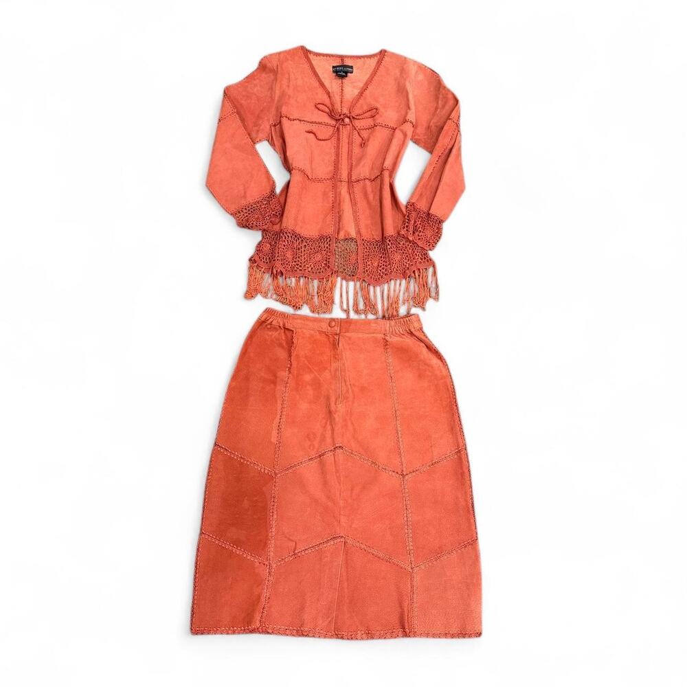 RARE 70s Italian Coral 100% Suede Fringe Two Piece Boho Western Set Size M - Picture 3 of 8